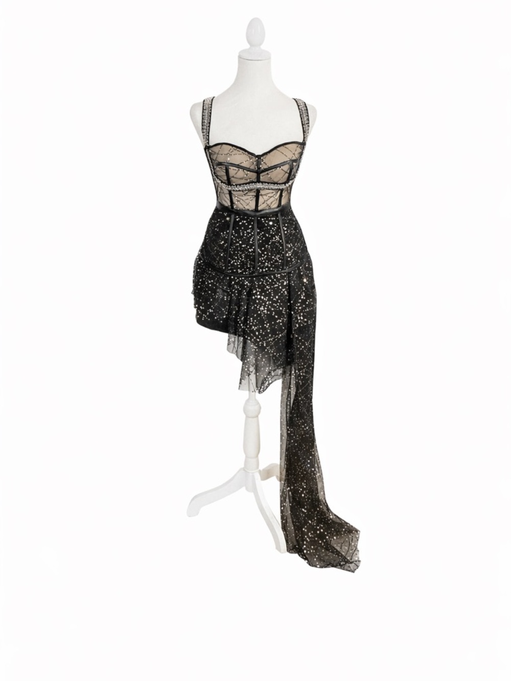Black Nude Sheer Corset Mini Dress Rhinestone Asymmetrical Sparkle Formal Goth